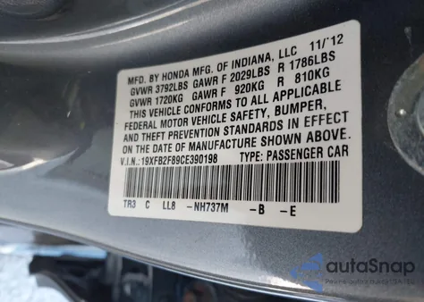 2012 Honda Civic Ex from USA, damaged, VIN 19XFB2F89CE390198